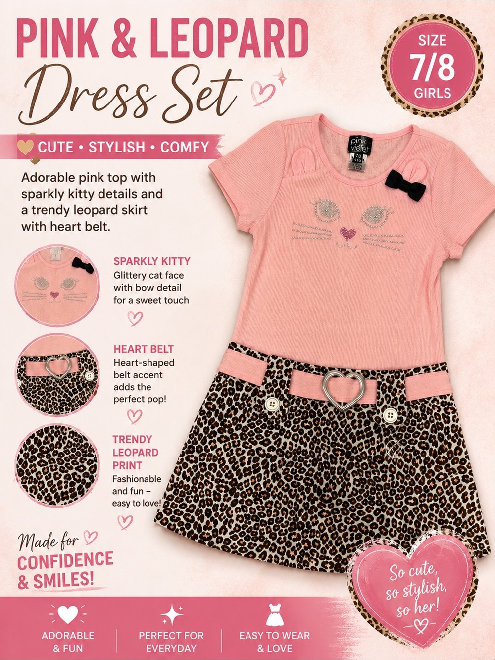 Charming Pink Cat Face Dress with Leopard Skirt